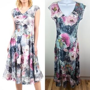 Komarov Floral Charmeuse Chiffon Crinkle Pleated V Neck Sleeveless Midi Dress
